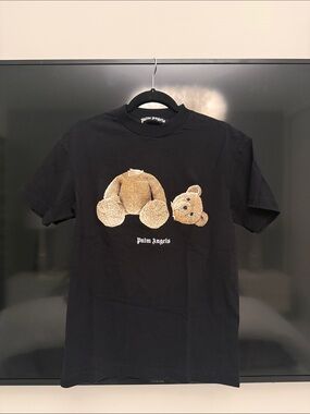 Palm Angels Black Tee with Split Tan Teddy Graphic